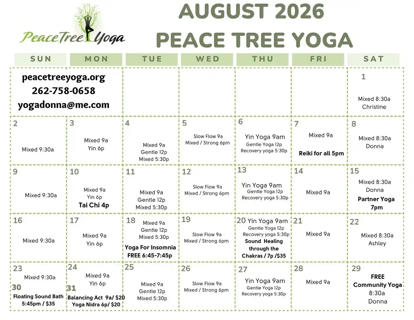 Yoga Class Calendar