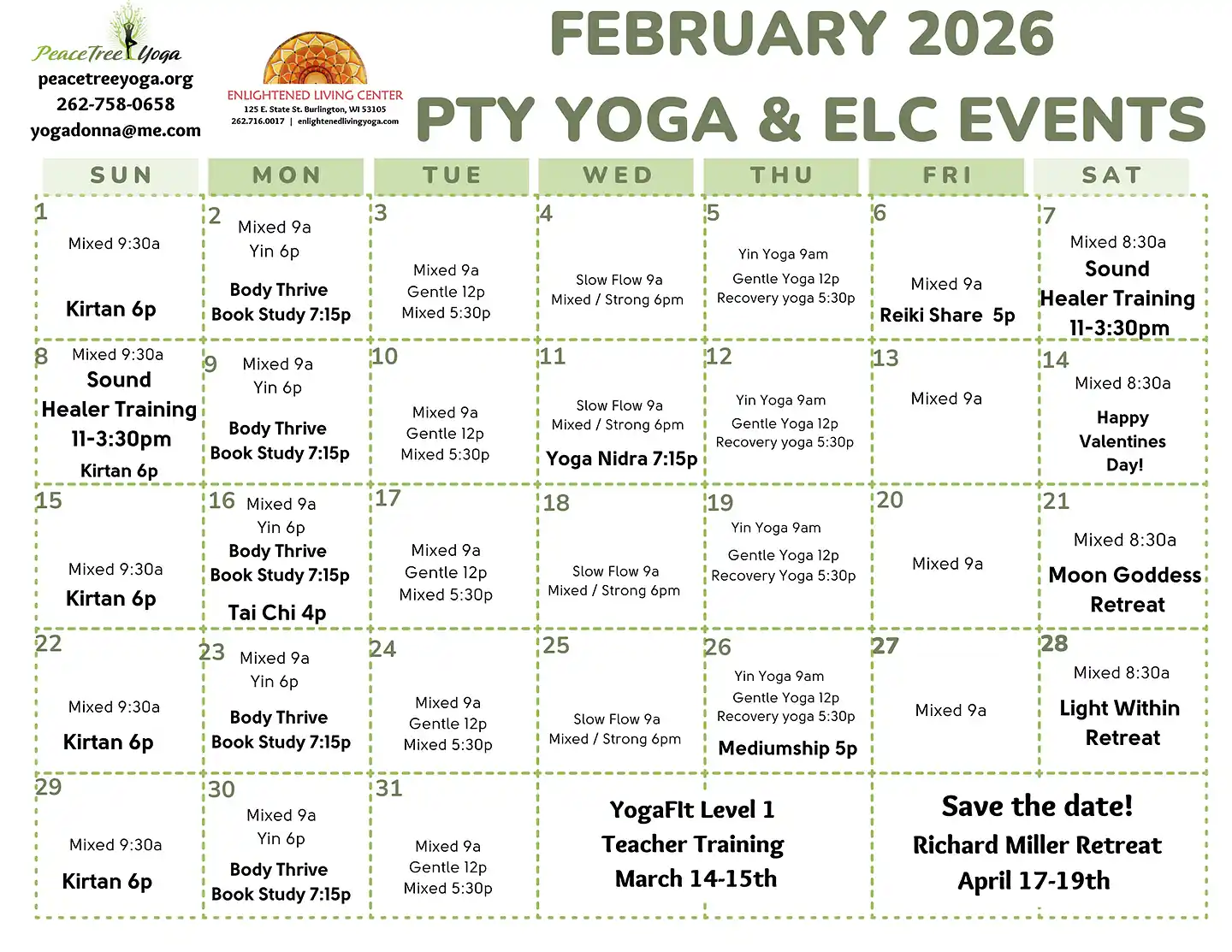 Yoga Class Calendar