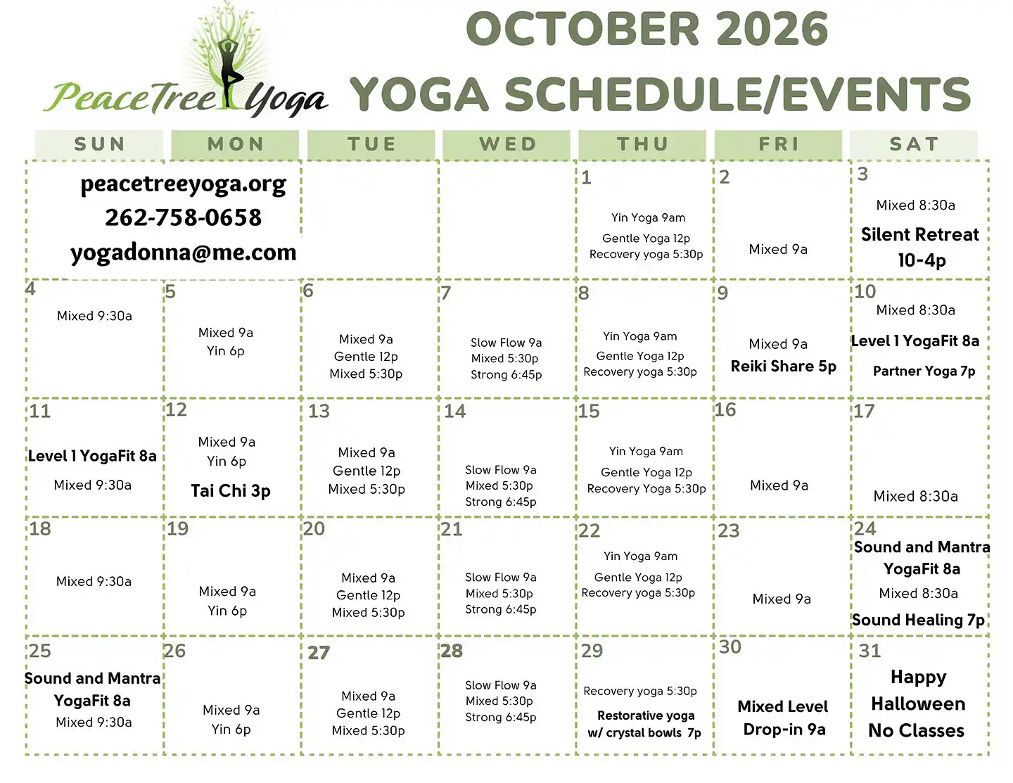 Yoga Class Calendar