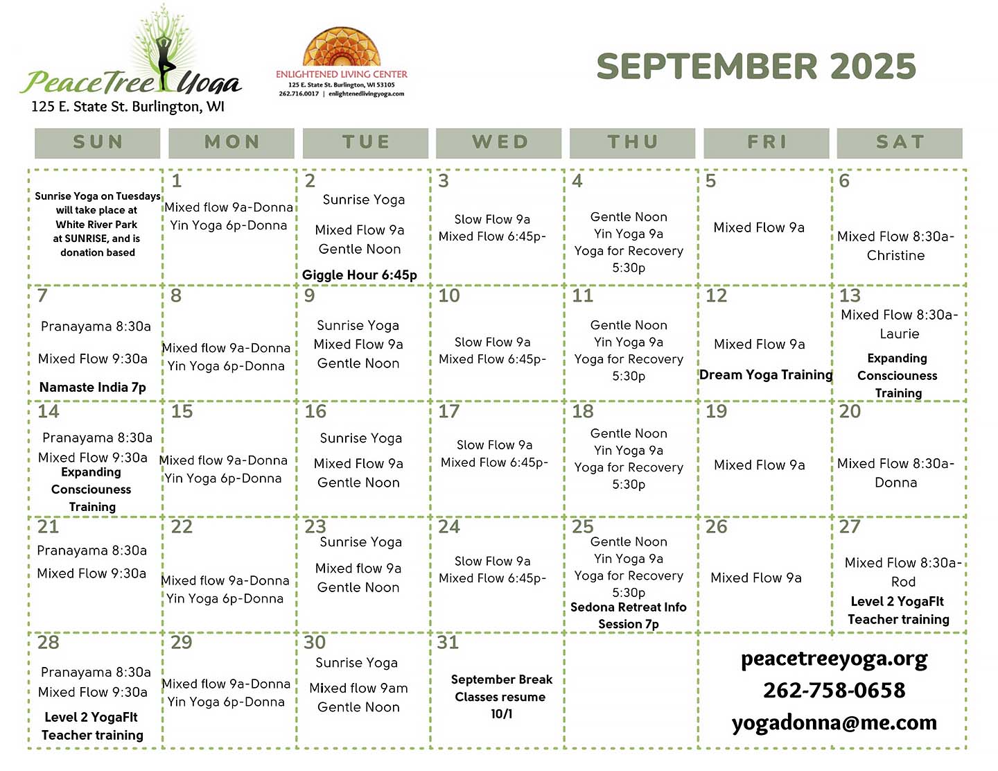 Yoga Class Calendar