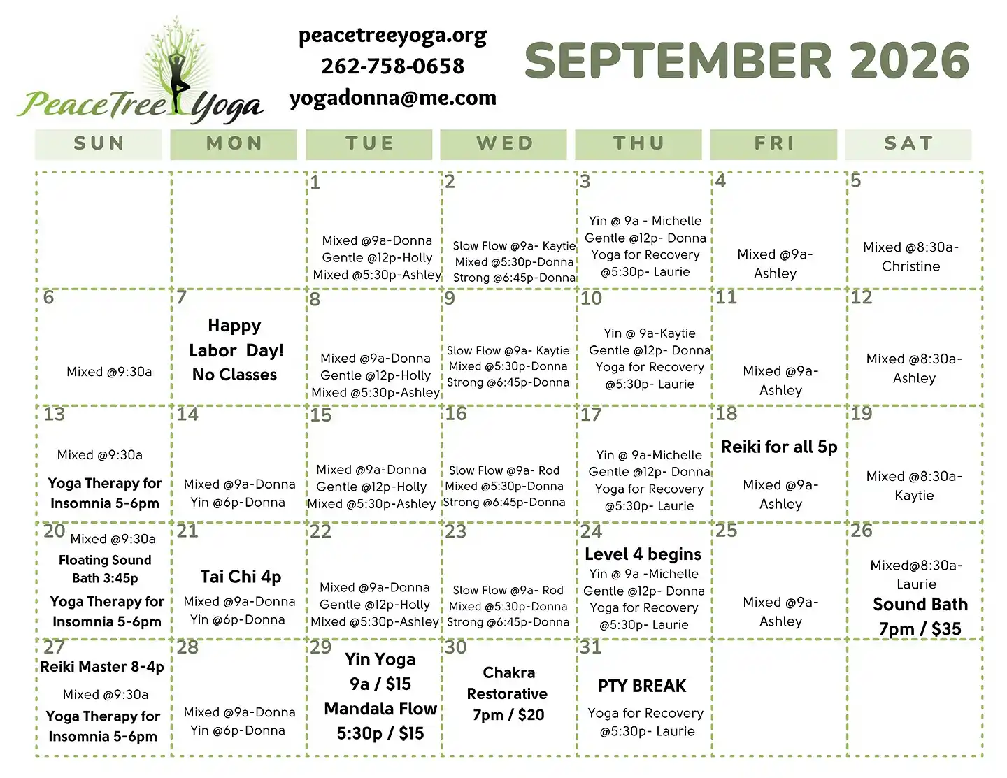 Yoga Class Calendar